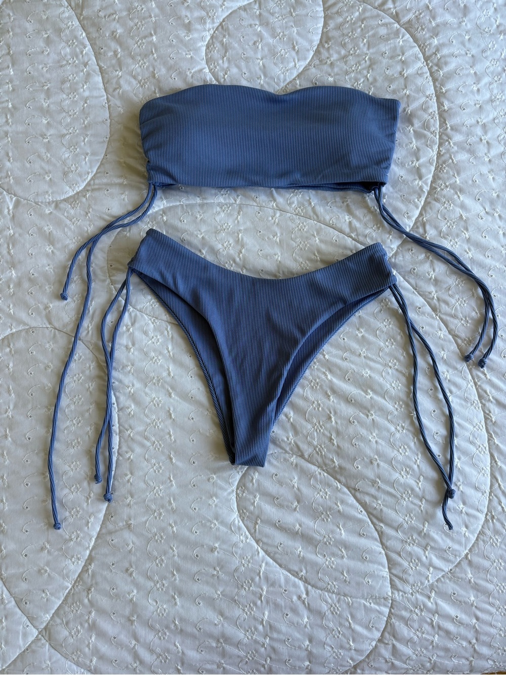 Blue/purple Ribbed Bandeau Bikini Set with Side Ties